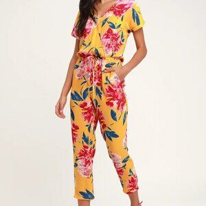 Lulu's Size Small Mustard Yellow Surplice Jumpsuit Floral